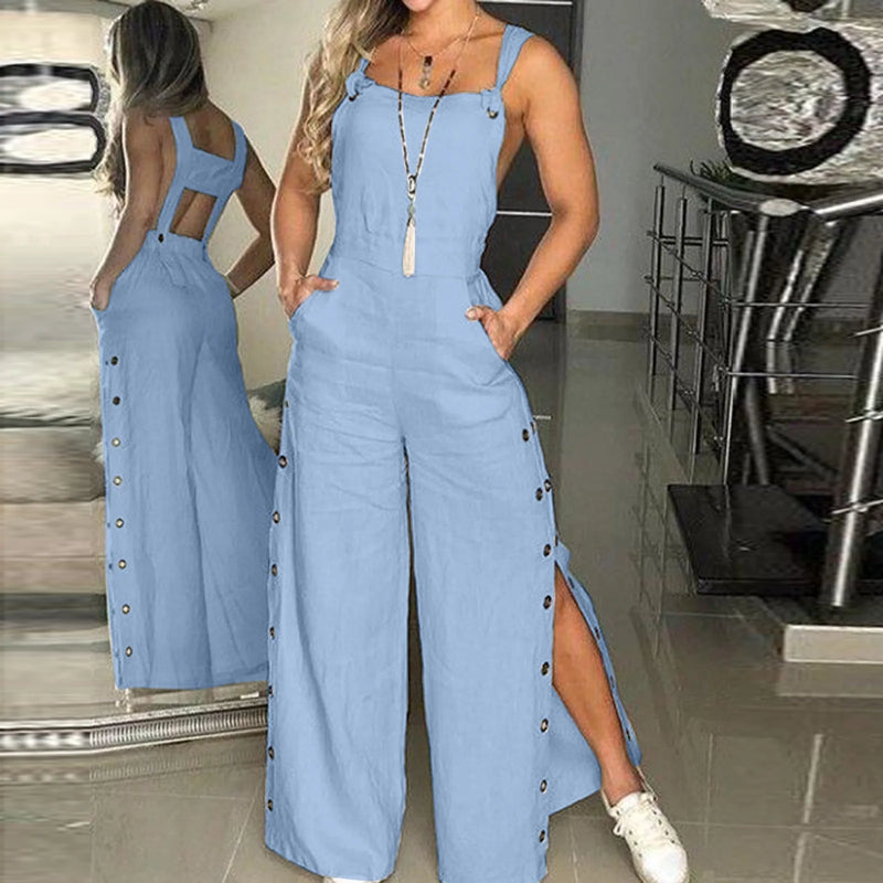 Sleeveless Cotton Strappy Pants with Button Openings