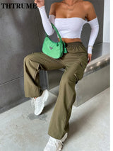 Fashion Solid High Elastic Waist Pocket Straight Cargo Pants