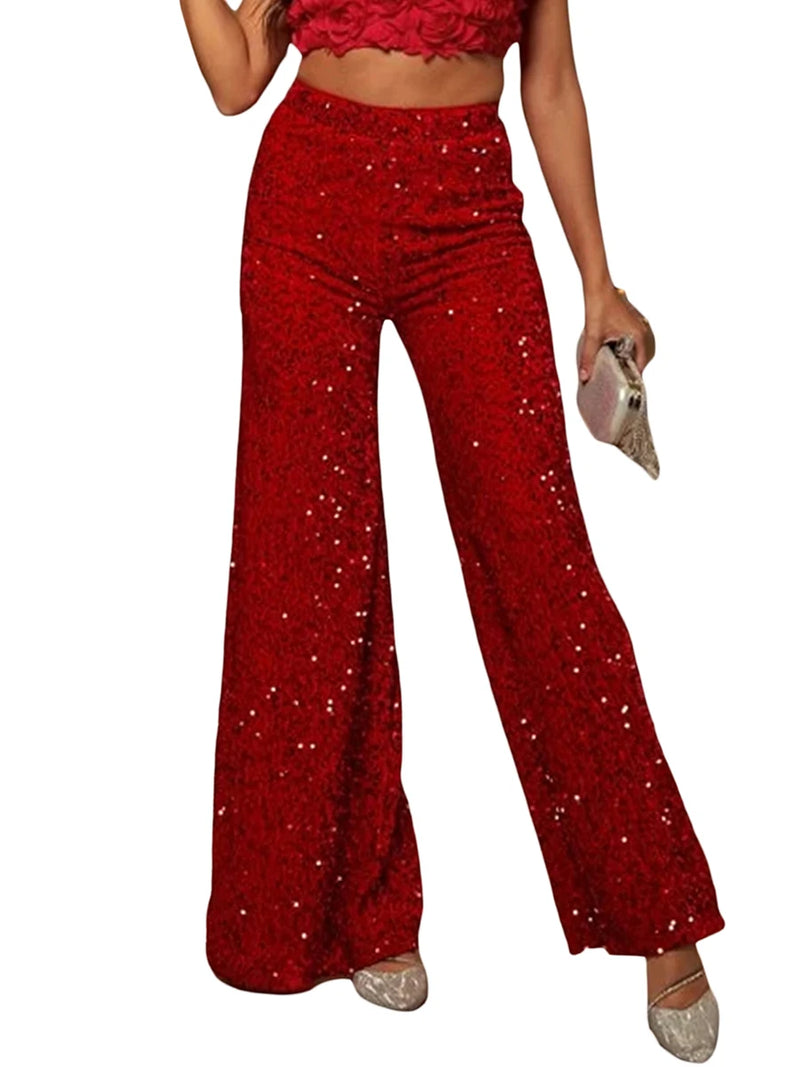 Women’s Casual Loose Wide Leg Pants – Elastic Band High Waist Sequin Trousers