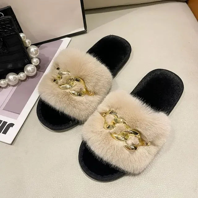 Fluffy Fur Slippers - Fashion Chain Design Women Home Slippers