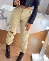 Hollow Out Pocket Design Casual High Waist Long Cuffed Cargo Pants