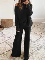 Long-Sleeved Bateau Collar Top & Wide-Leg Pant Set