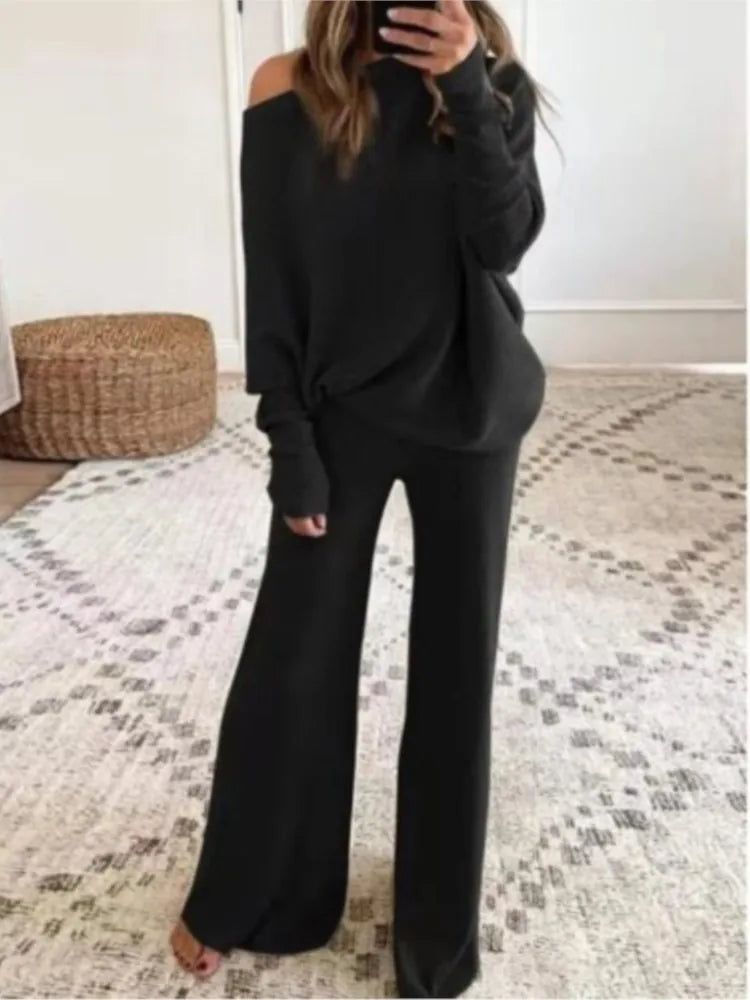 Long-Sleeved Bateau Collar Top & Wide-Leg Pant Set