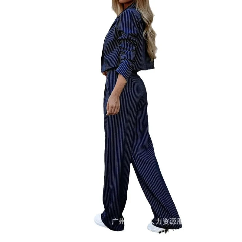 Long Sleeve Turn Down Collar Cardigan with Wide Leg Pants Set