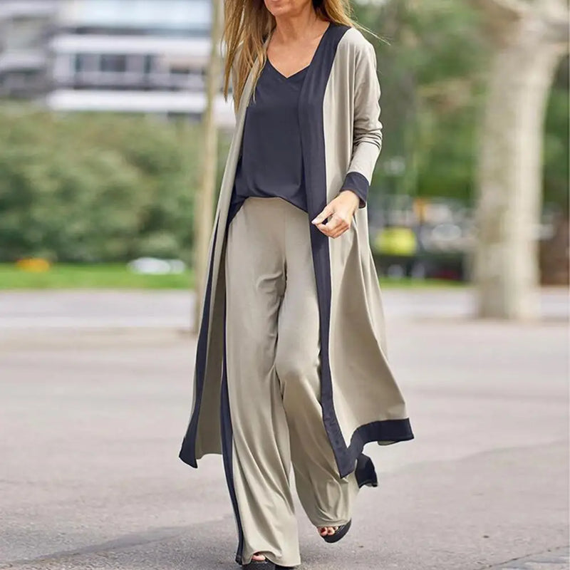 3 Pcs Casual pant set Long Sleeve Cardigan, Coat Sling Top, and Wide Leg Pants