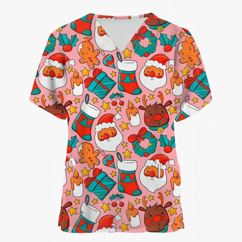 Christmas Holiday V-Neck Short Sleeve Scrub Tops