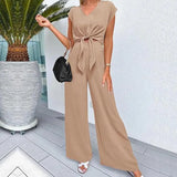 Lace-up Knot Short Sleeves High Waist Wide Leg Soft Breathable T-shirt and Trousers Set