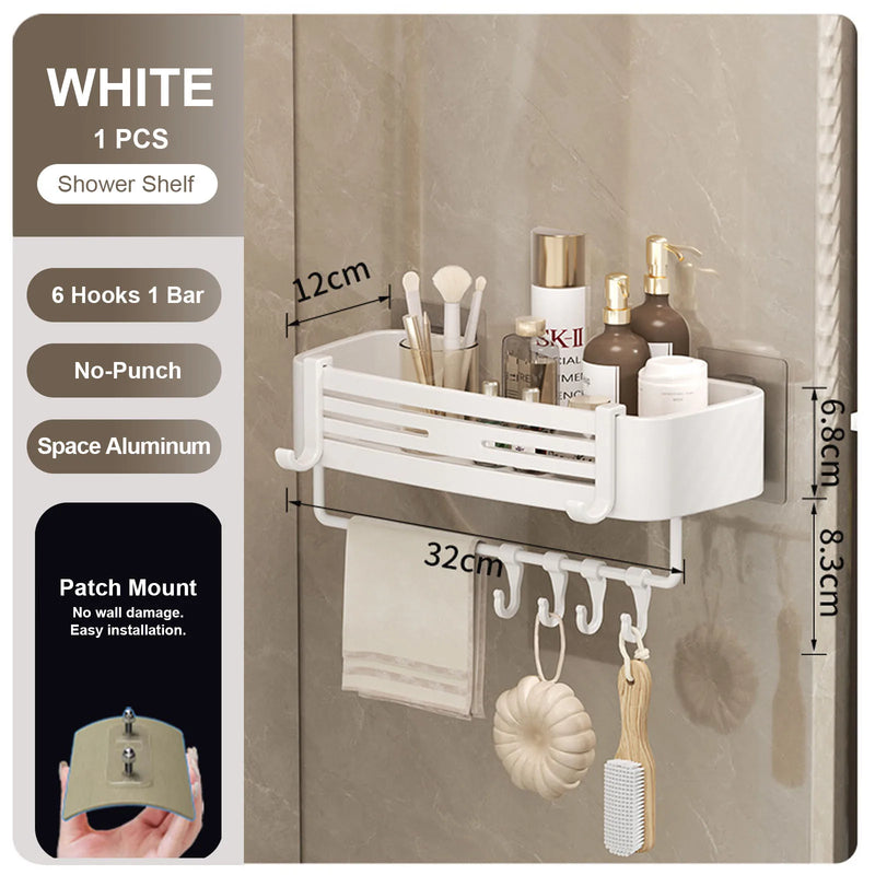 Punch-Free Bathroom or Shower Shelf - Aluminum Hanging Rack