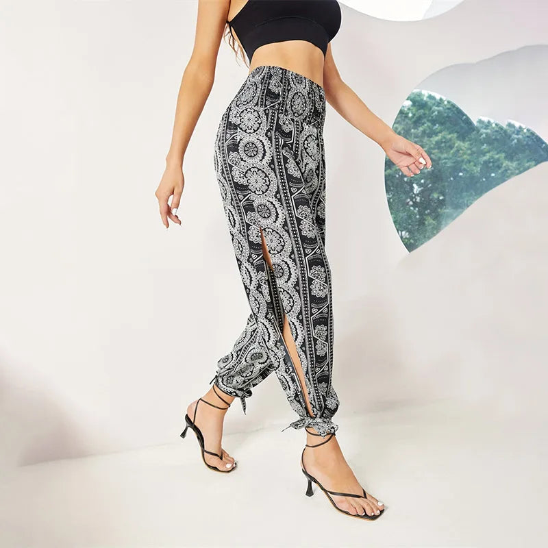 High Waisted Slit Wide Leg Casual Solid Hollow Trousers