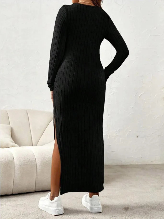 Long Sleeve Rib Knit Solid Color Maternity Dress