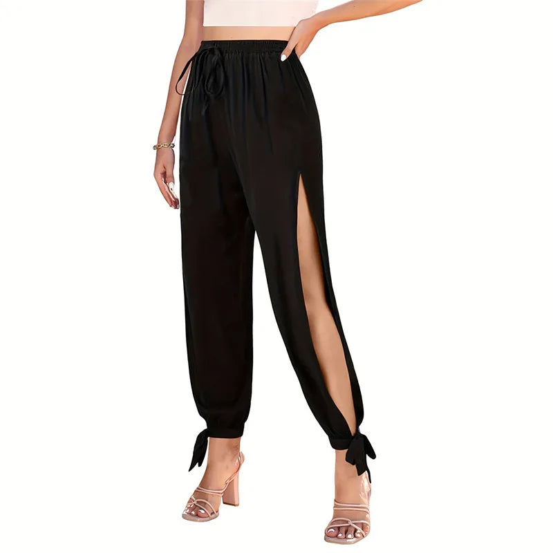 High Waisted Slit Wide Leg Casual Solid Hollow Trousers