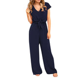 Deep V-Neck Short Sleeve Backless High Waist Elastic Jumpsuit