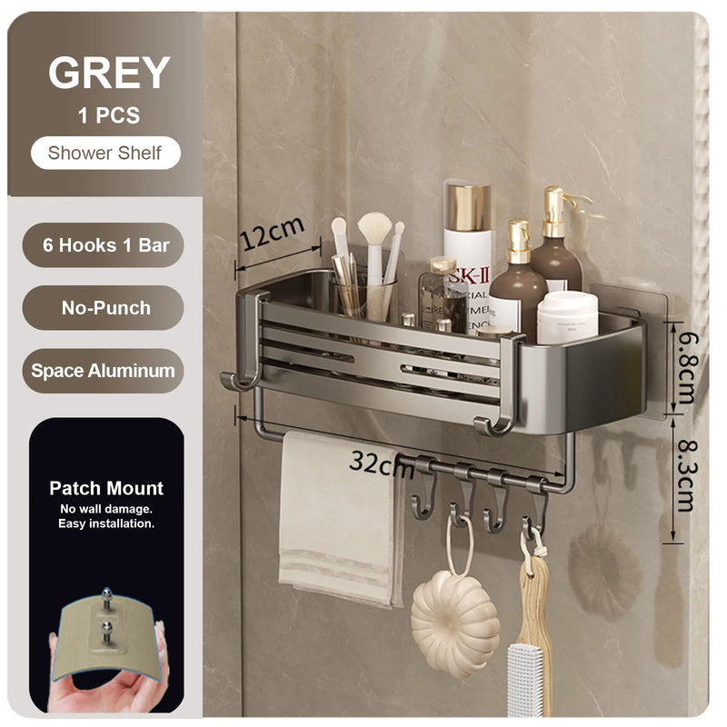 Punch-Free Bathroom or Shower Shelf - Aluminum Hanging Rack