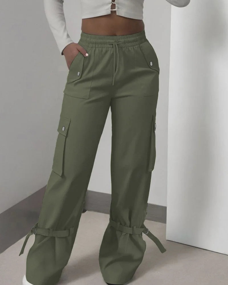 Women's Solid Color Casual Multi-Pocket Cargo Pants