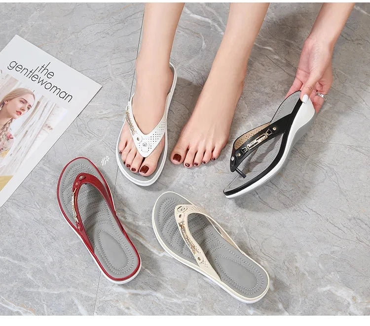 New Fashion Metal Button Slides - Wedge Beach Sandals