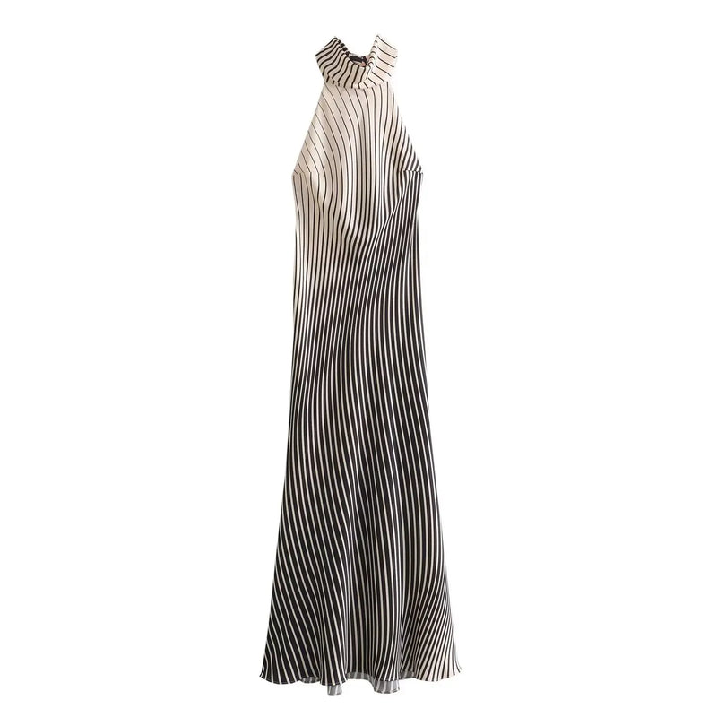 Fashion Stripe Print Hanging Neck Collar Long Dress