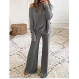 Long-Sleeved Bateau Collar Top & Wide-Leg Pant Set