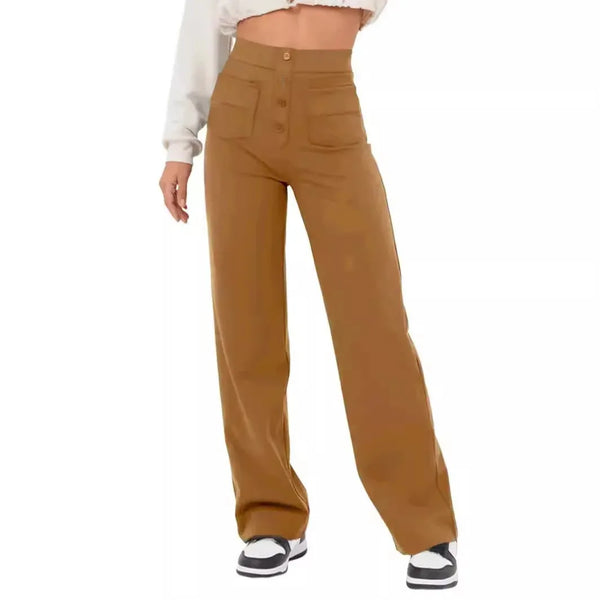 Fashionable New Women's Straight-leg Casual Pants - High-waisted, Buttoned, Elastic Waist with Multiple Pockets