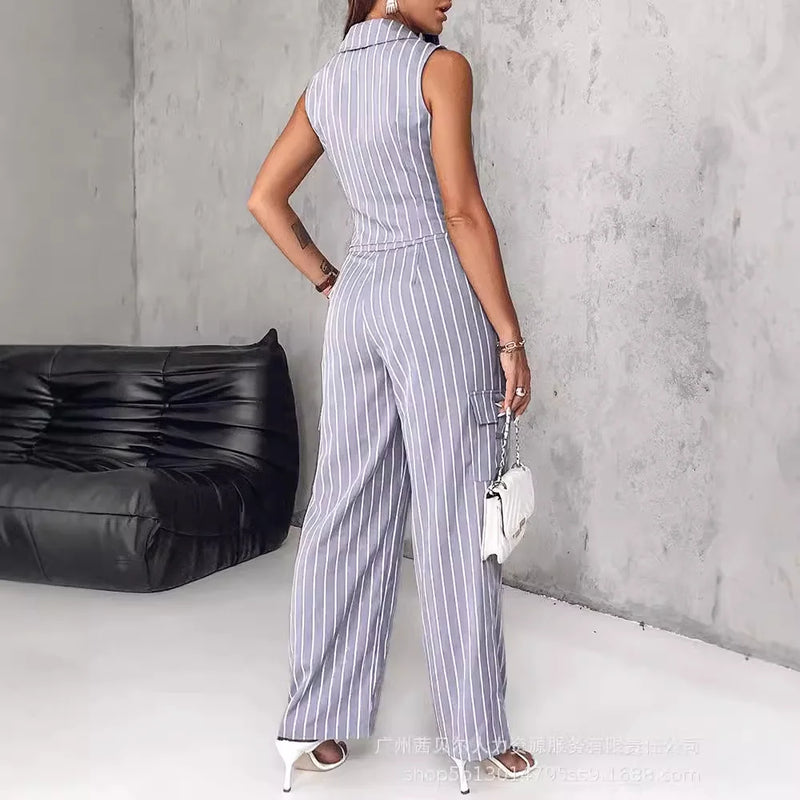 Notched Collar Striped Vest & Pocket Design Straight-Leg Pants Set