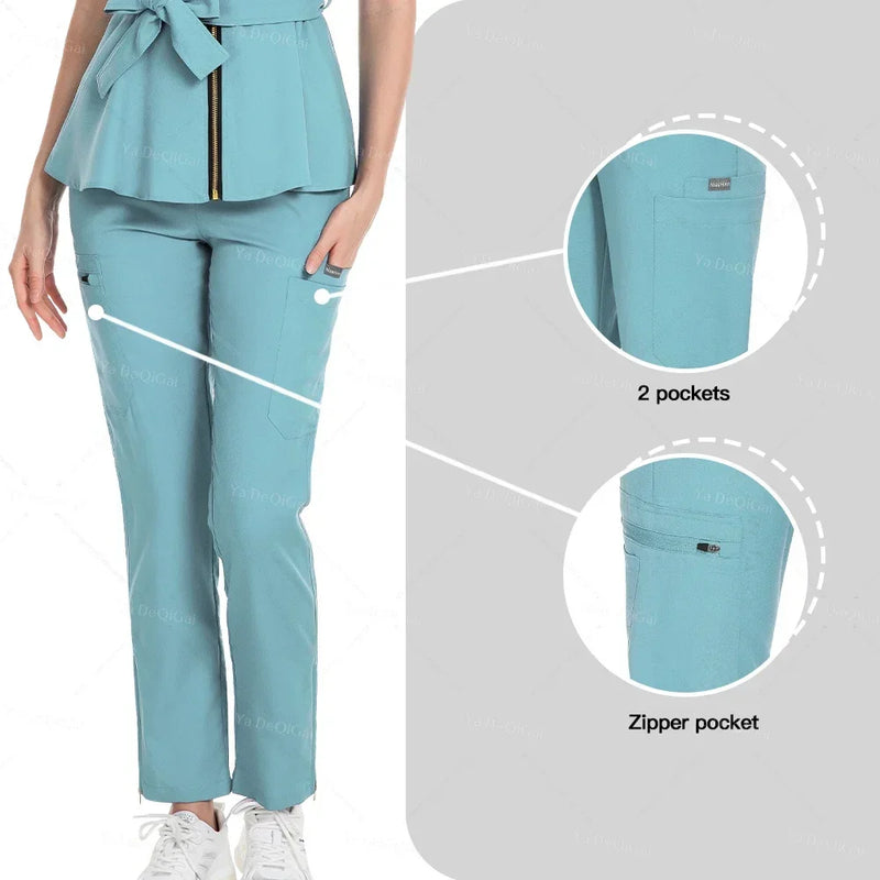 Women's Nursing Scrubs Sets - Zippered Top with Belt and Tapered Leg Pants