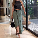 PU Crop Top with Straight Irregular Long Skirt