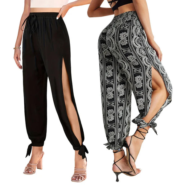 High Waisted Slit Wide Leg Casual Solid Hollow Trousers