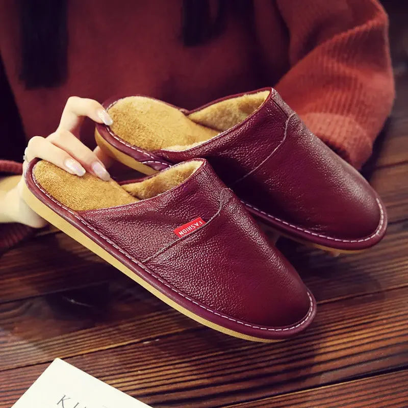 Winter Indoor Warm Lovers Thick Wool Anti-Skid Leather Slippers