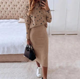 Women's Long Sleeve Printed High Neck Tight Top & Casual Wrap Hip Skirt Set