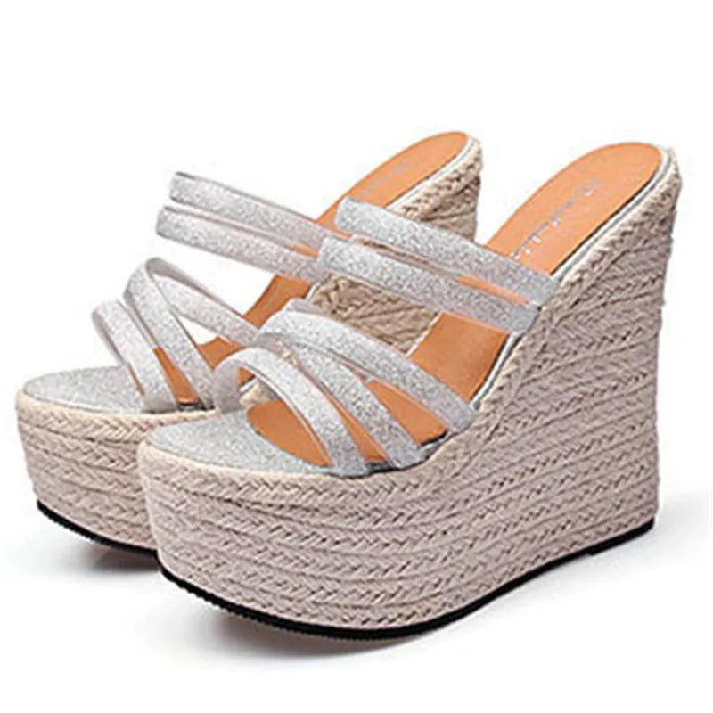 Women's Braided Hemp Rope Beach Platform Sandals with Sequin Design