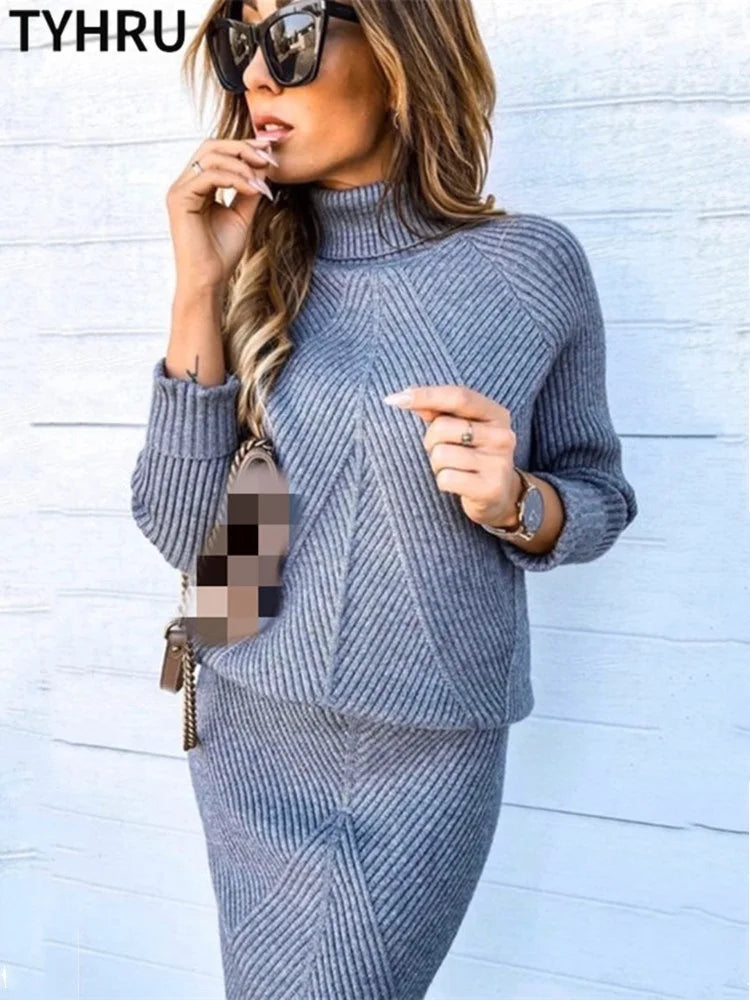 TYHUR Autumn Turtleneck Pullover Sweater + Slim Skirt Two-Piece Set