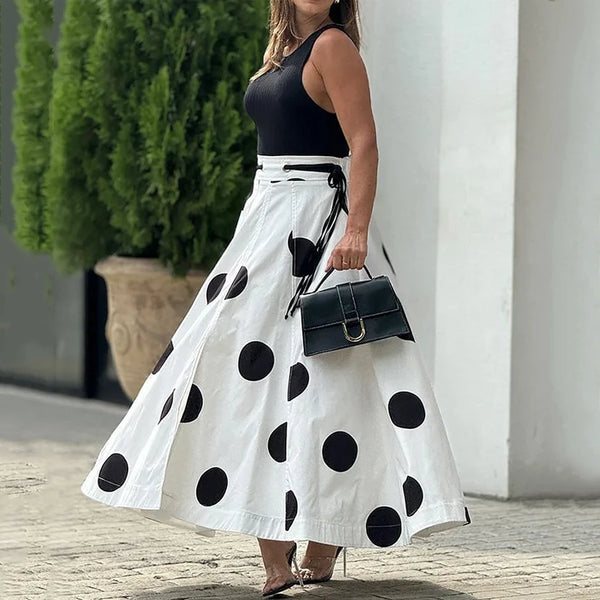 Office Chic Solid Sleeveless Round Neck Vest Top Loose Polka Dot Printed Long Skirt Set