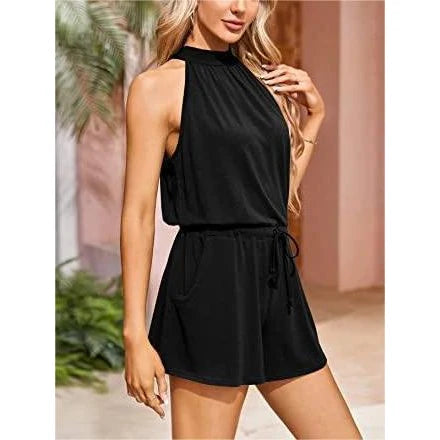 Halter Neck Elastic Waist Shorts Rompers