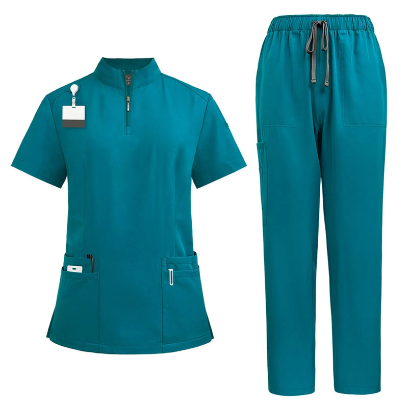 Stand-Up Collar Zipper Pocket Scrub Set