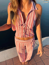 Casual Striped Lace Up Vest Pants Set