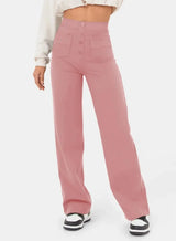 Fashionable New Women's Straight-leg Casual Pants - High-waisted, Buttoned, Elastic Waist with Multiple Pockets