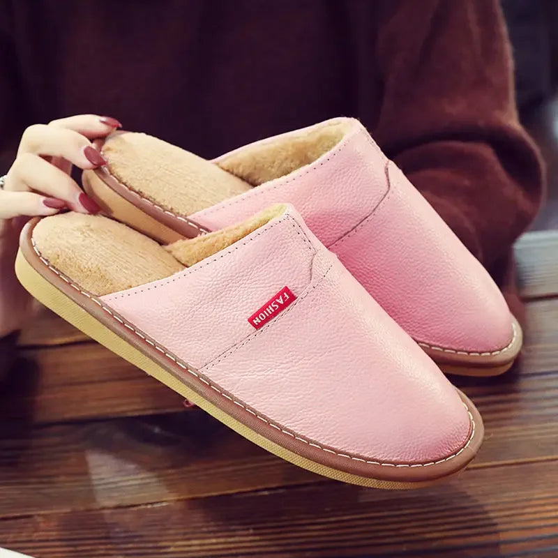 Winter Indoor Warm Lovers Thick Wool Anti-Skid Leather Slippers