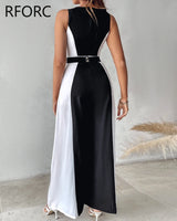 V-Neck Patchwork Sleeveless Wide Leg Formal Jumpsuit