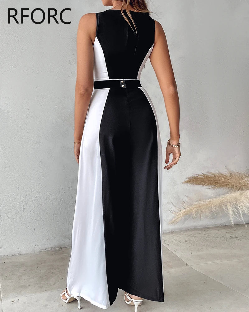 V-Neck Patchwork Sleeveless Wide Leg Formal Jumpsuit