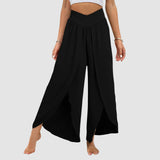 Wide Leg Pants with Front Slit High Waisted Pleated - Boho Beach Yoga Pants