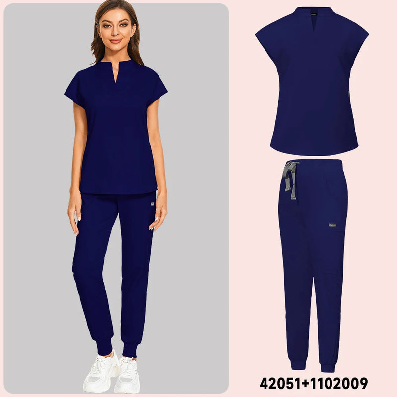 Stand Neck V-Cut Scrub Top & Jogger Pants Scrub Sets