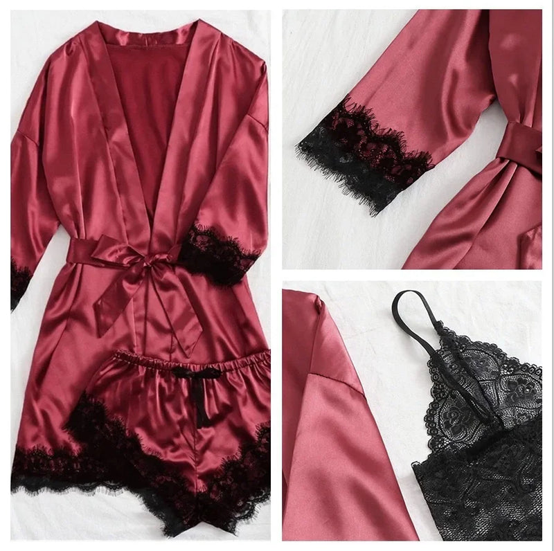 Lace Camisole, Shorts, and Robe Pajama Set