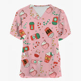 Christmas Holiday V-Neck Short Sleeve Scrub Tops