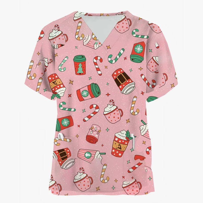 Christmas Holiday V-Neck Short Sleeve Scrub Tops