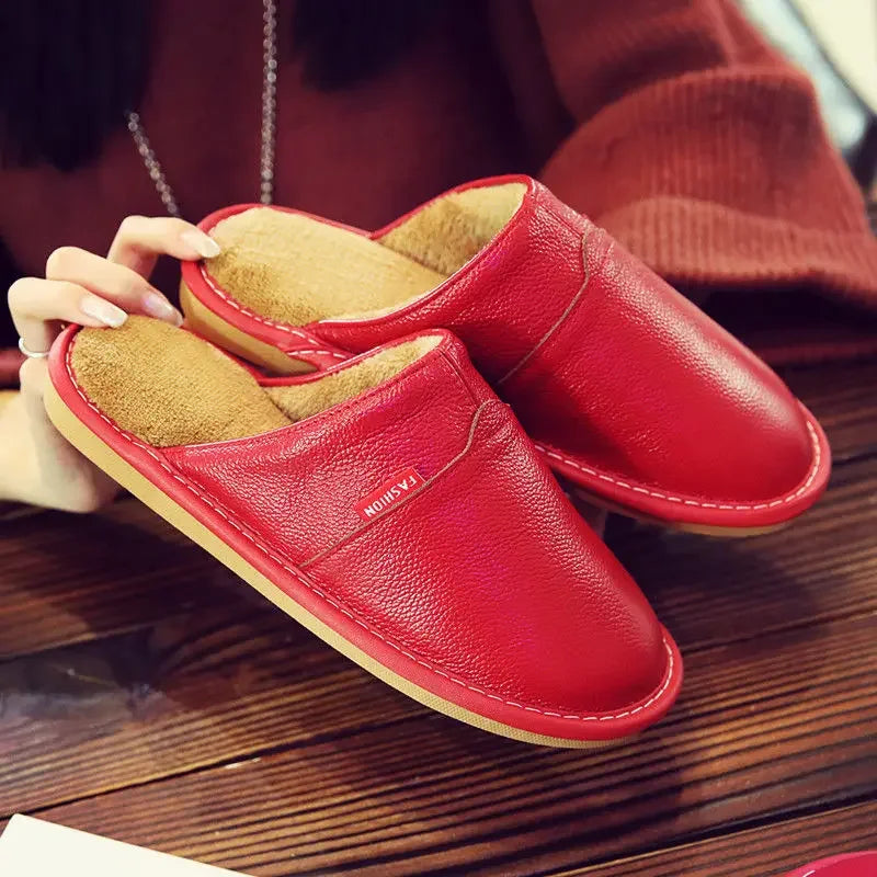 Winter Indoor Warm Lovers Thick Wool Anti-Skid Leather Slippers