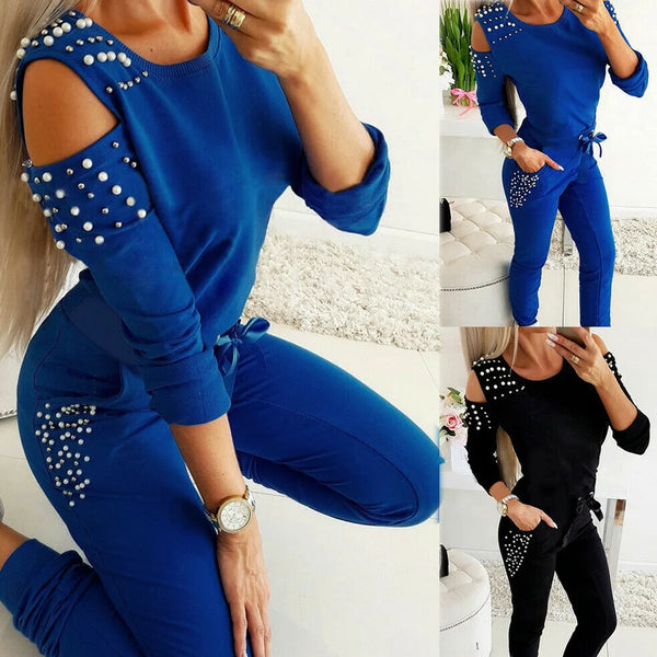 Nail Bead Pure Color Round Collar Hollow-Out Shoulder Sleeve with Ankle Pants Set