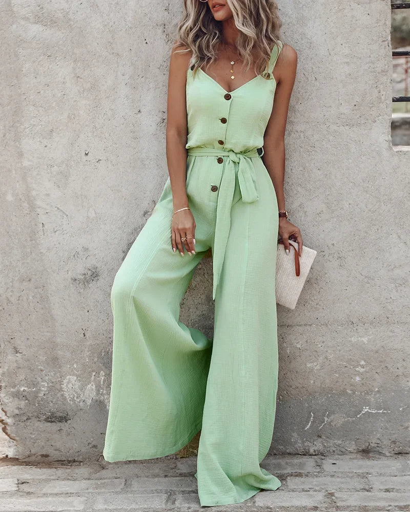 Sleeveless Buttoned Loose Wide Leg Jumpsuit