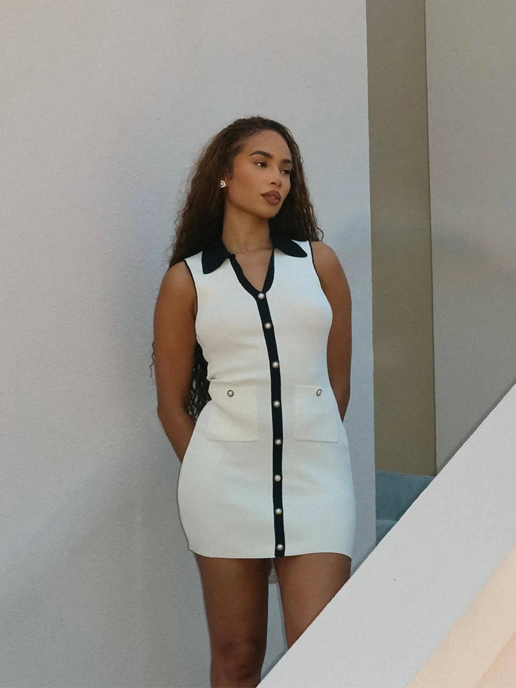 White Sleeveless Lapel Mini Dress