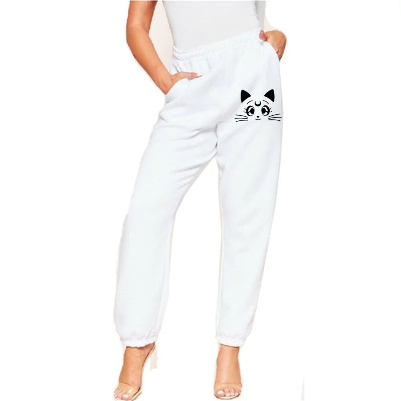 Women's Cat Printed Sweatpants – Loose Fit Joggers for Casual Fitness & Streetwear Style