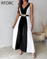 V-Neck Patchwork Sleeveless Wide Leg Formal Jumpsuit