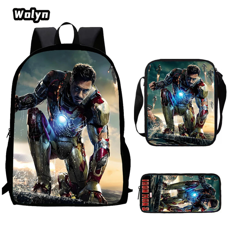 3-PCS Set Cartoon Anime Iron Man Kids School Backpack